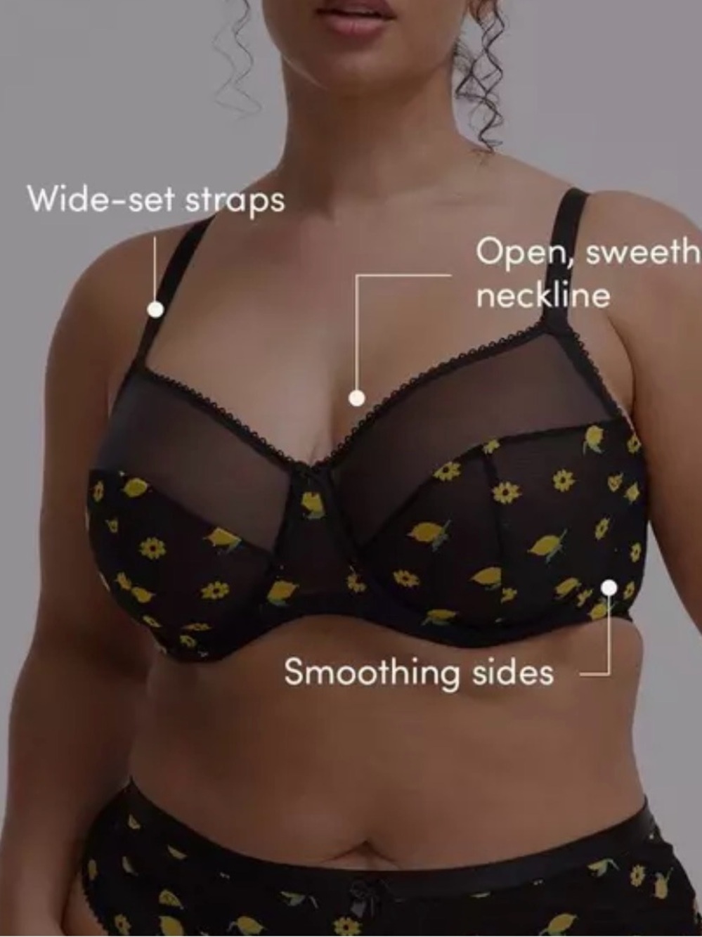 Black Floral Underwire Bra with Mesh Paneling 40DDD